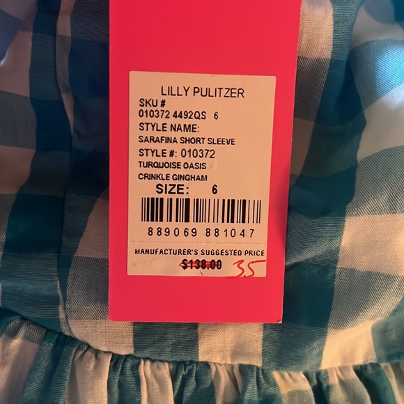Lilly Pulitzer Sarafina Short Sleeve Top Turquoise Oasis Crinkle Gingham - Picture 3 of 3